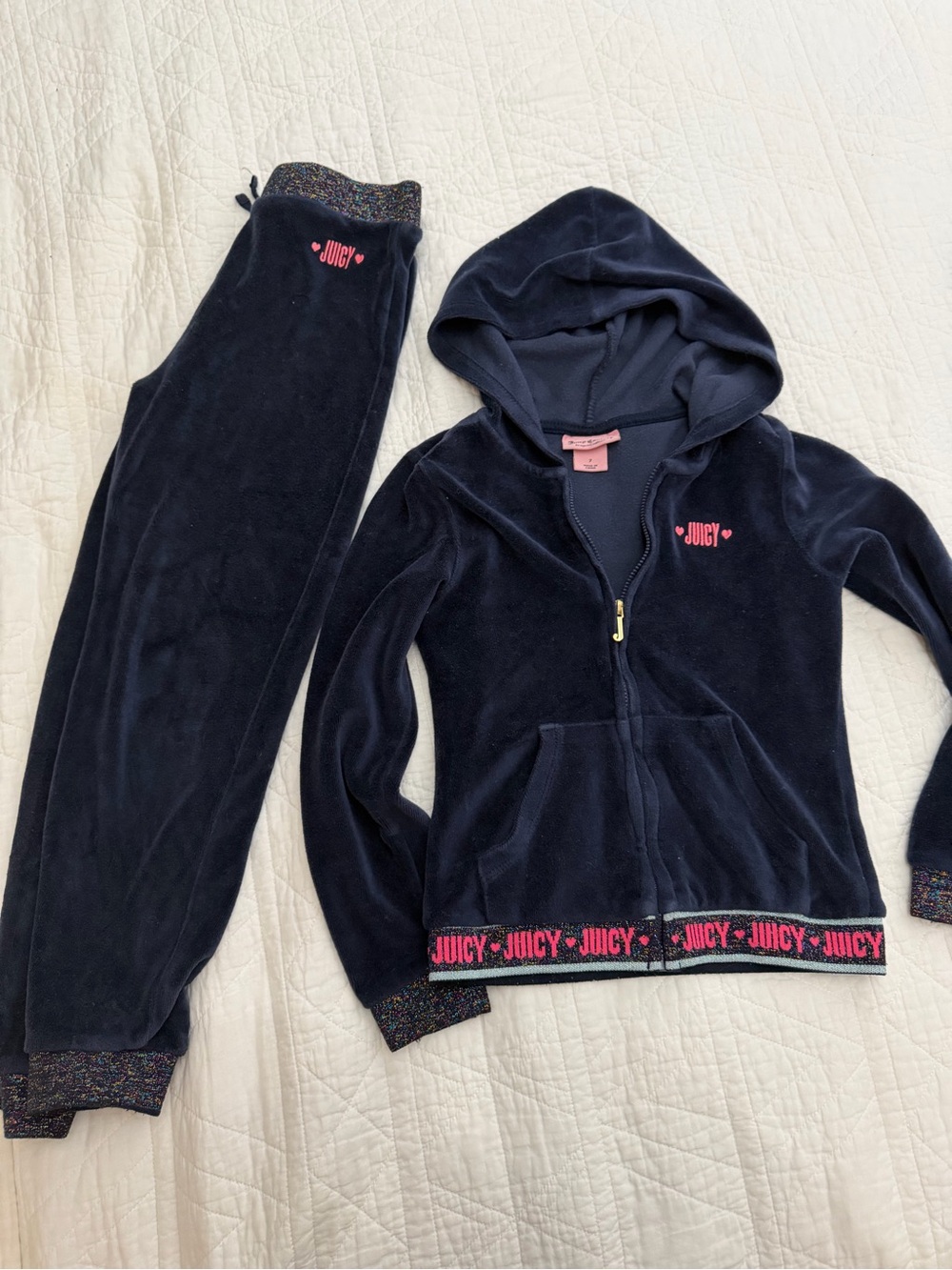 Juicy Couture Navy Velour Hoodie & Joggers with Pink Logo Trim